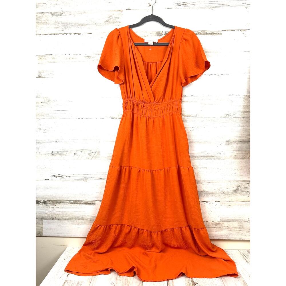 Monteau Womens S Orange Ruffle Short Sleeve Boho Casual Summer Maxi Dress NEW